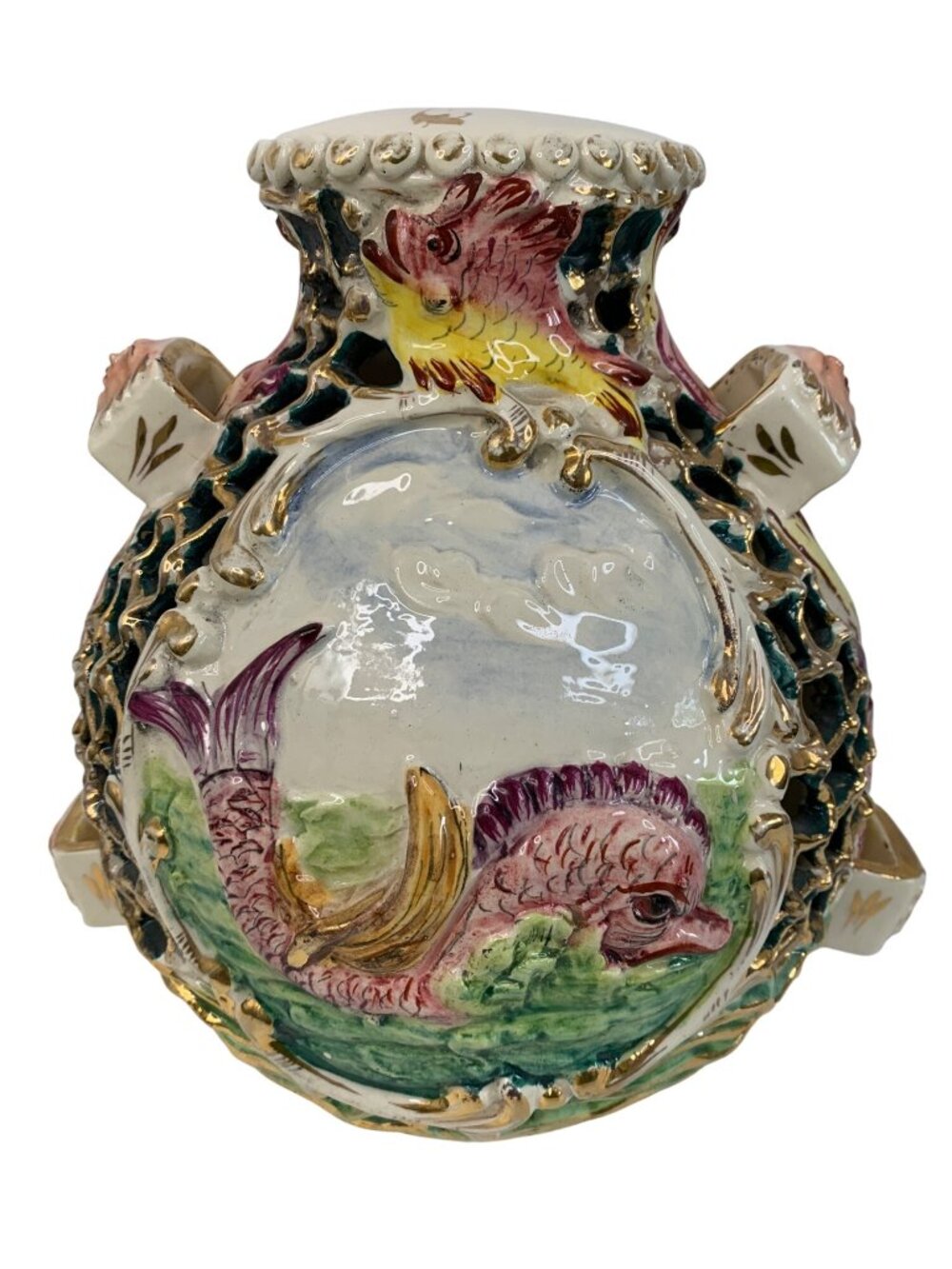VTG Italian Ceramic Mojolica Vase Mermaid Fish Gold Cherub 8780 Hand Paint